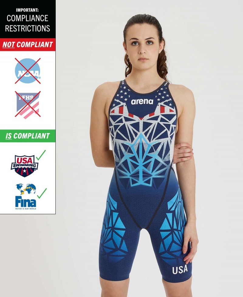 Bleu Marine Multicolore Combinaison Natation Arena Core FX Open Back USA Athlete Authentic Limited Edition - ZSQ-3947628