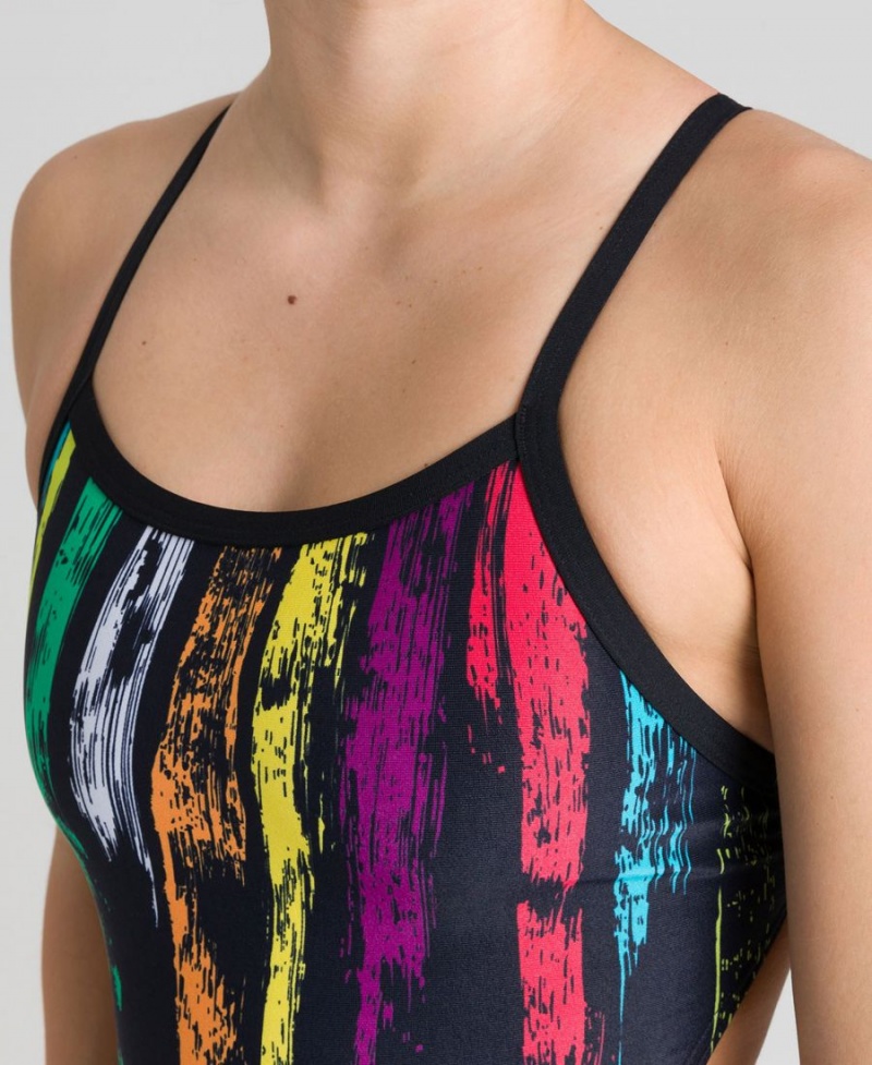 Noir Multicolore Maillot de Bain Arena Team Painted Stripes Challenge Back - HWN-2061983