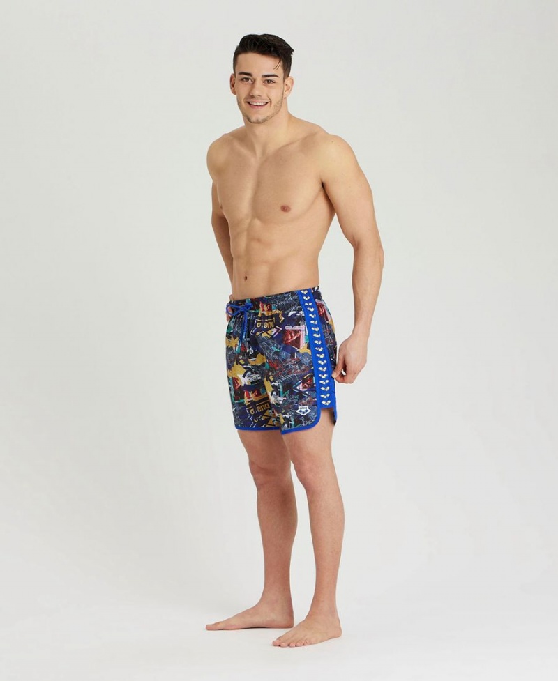 Bleu Multicolore Short Arena Icons Allover Print Beach - KWJ-5369018